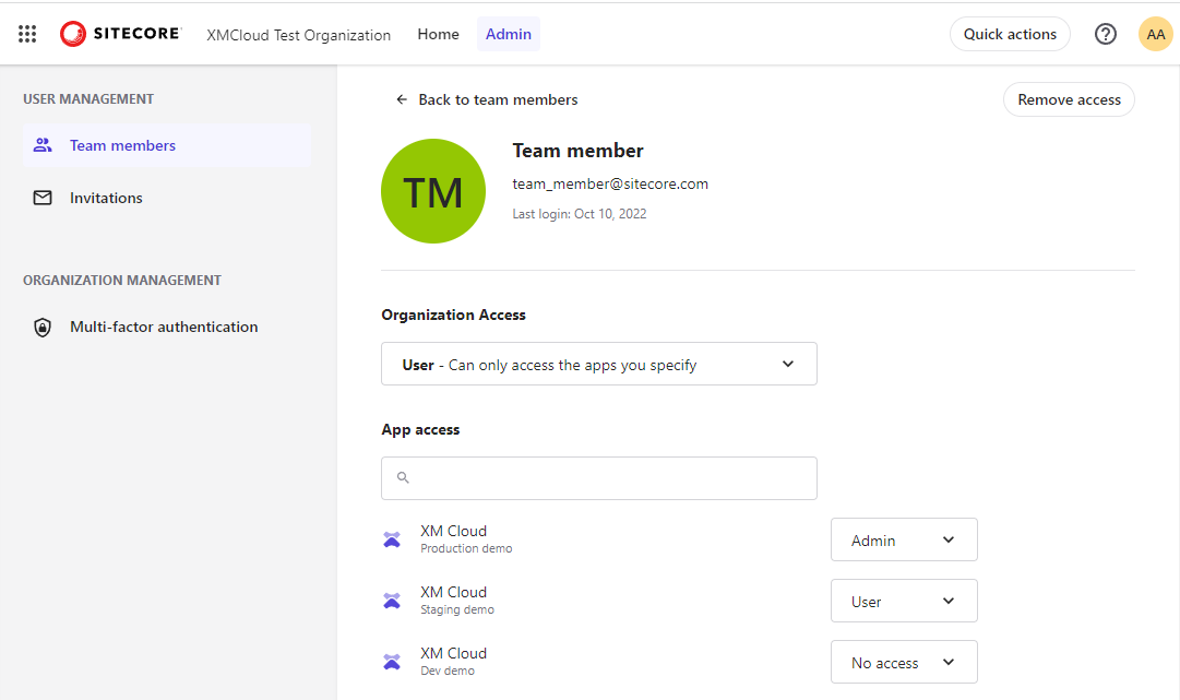 The access page of a team member.